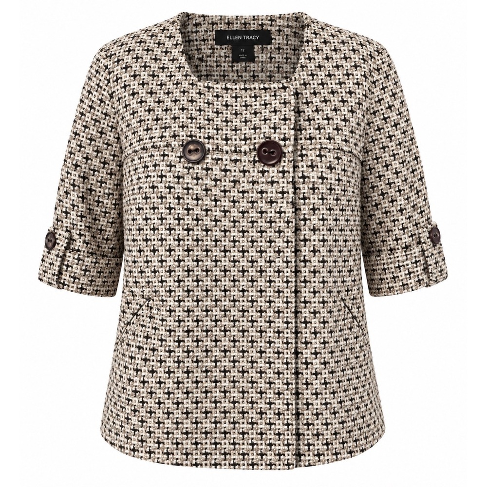 Ellen Tracy Women's 12 Tweed Jacket Black Beige White Short Sleeve Career Blazer